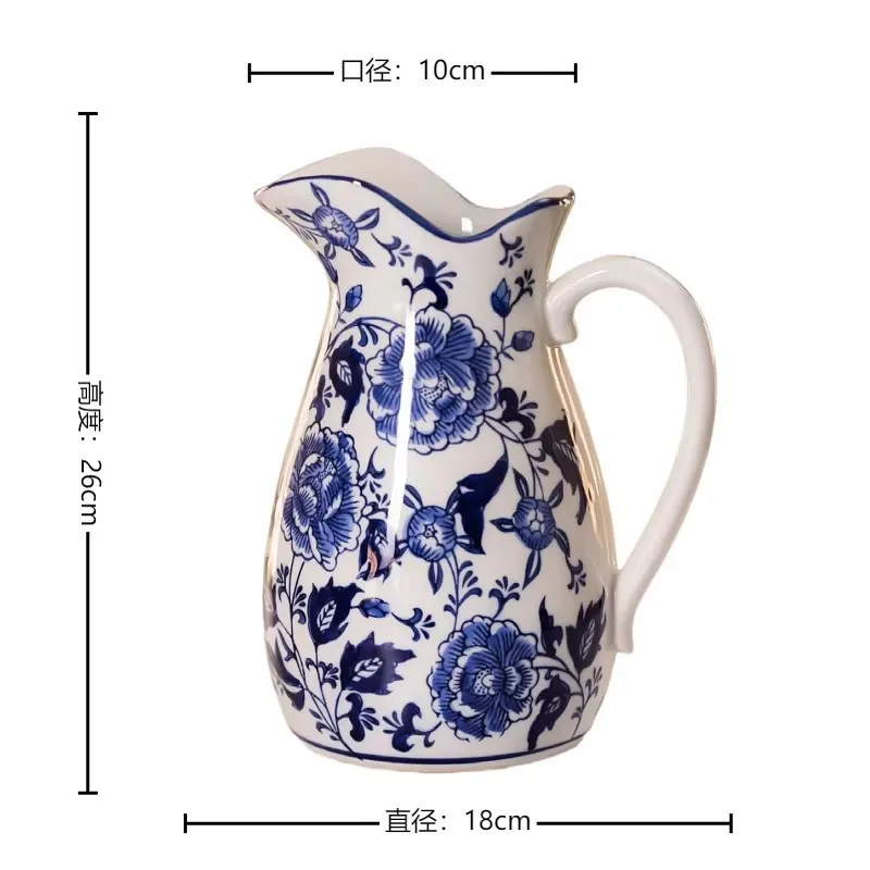 Retro blue and white porcelain milk pot kettle Chinese style handmade flower arrangement vase ornament