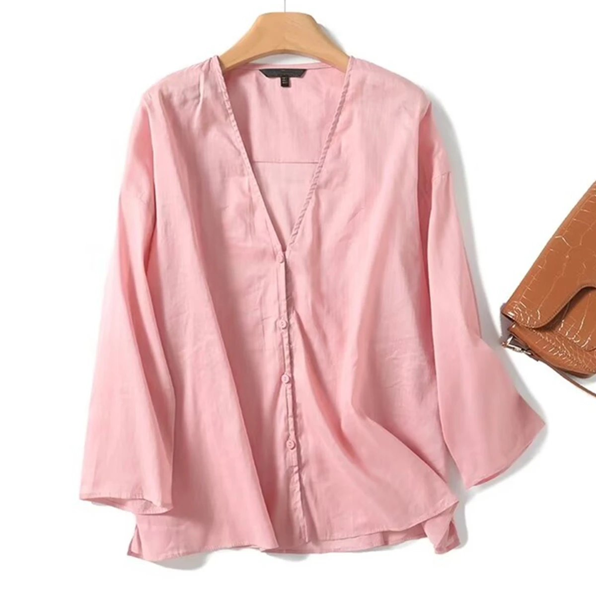 Jenny&Dave Summer Blouse Women Tops Fashion Commuter Leisure Pink Shirt Women French Minimalist Linen Cotton Shirt