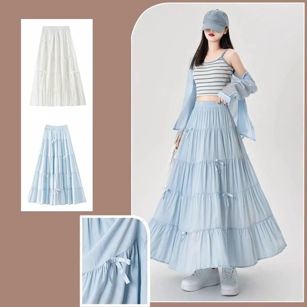 

Bowknot Tiered Midi Skirt Pleated Hight Waist Long Cake A-line Skirts Solid Color Korea Style Seven Point Long Dress Korea Style