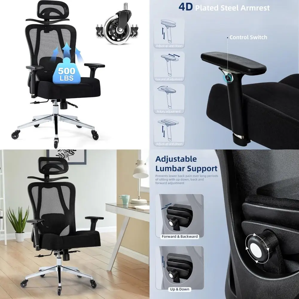 كرسي مكتب شبكي مريح يدعم ما يصل إلى 500 رطل للأفراد الثقيلين، يتميز بوسادة مقعد واسعة وسميكة وإعلان 4D