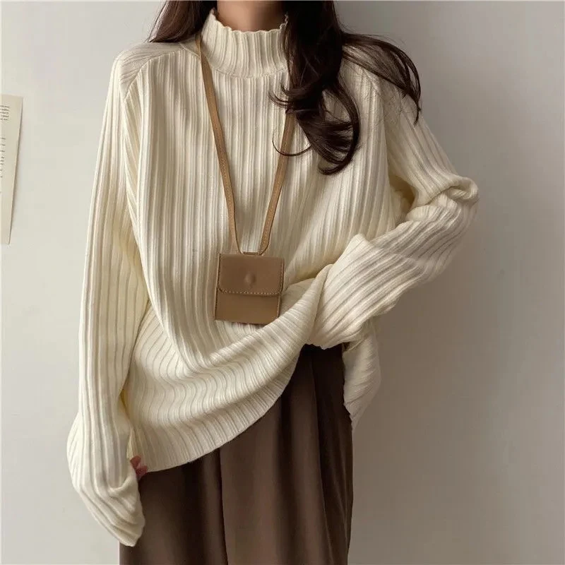 Half Turtleneck Knitted Sweater Women Autumn Winter Fashion Korean Loose Long Sleeve Pullover Sweaters Solid Office Lady Jumper