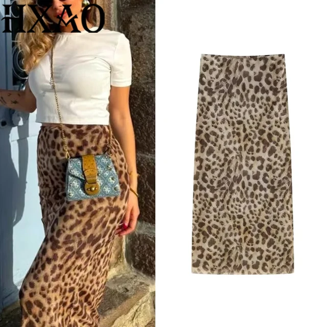 HXAO Leopard Długie Spódnice Damskie Wiosna Lato Jesień 2024 Eleganckie Imprezowe Spódnice z Nadrukiem Moda Damska Codzienne Biurowe Spódnice Midi