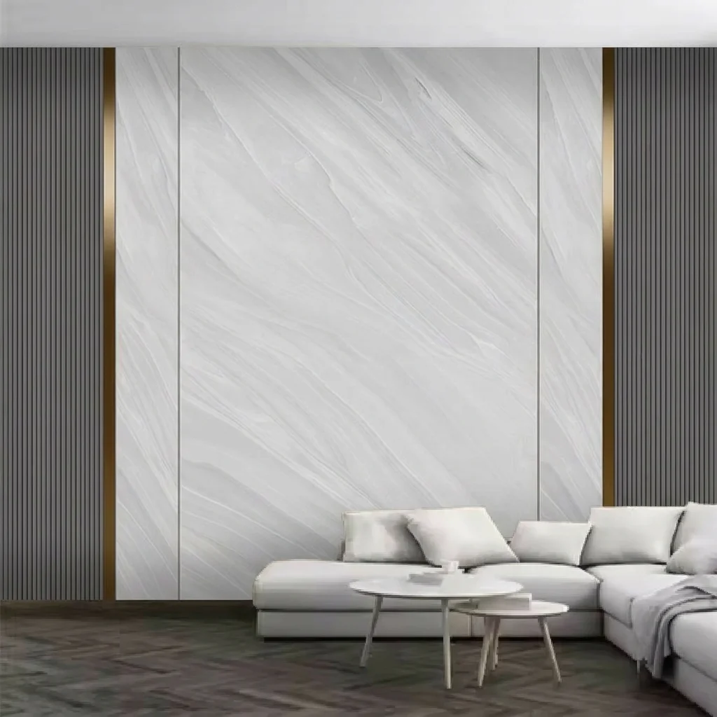 Self-adhesive material featuring a background image that combines marble texture, vertical grilles, and metal lines.