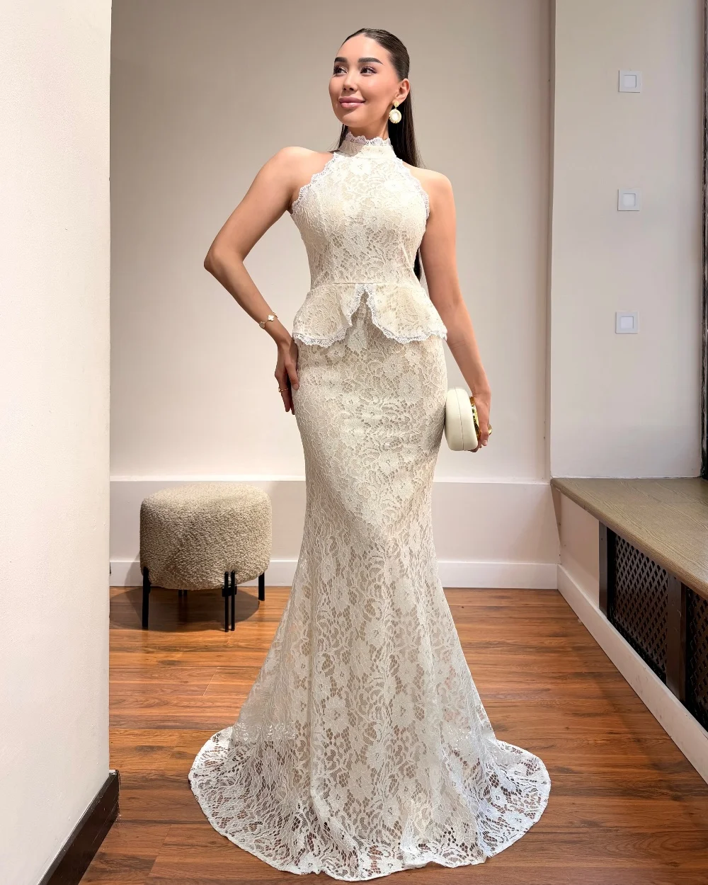 Customized Retro Lace Pleat Pattern Trumpet High Collar Long Celebrity Evening Dresses Luxury 2026 Exquisite