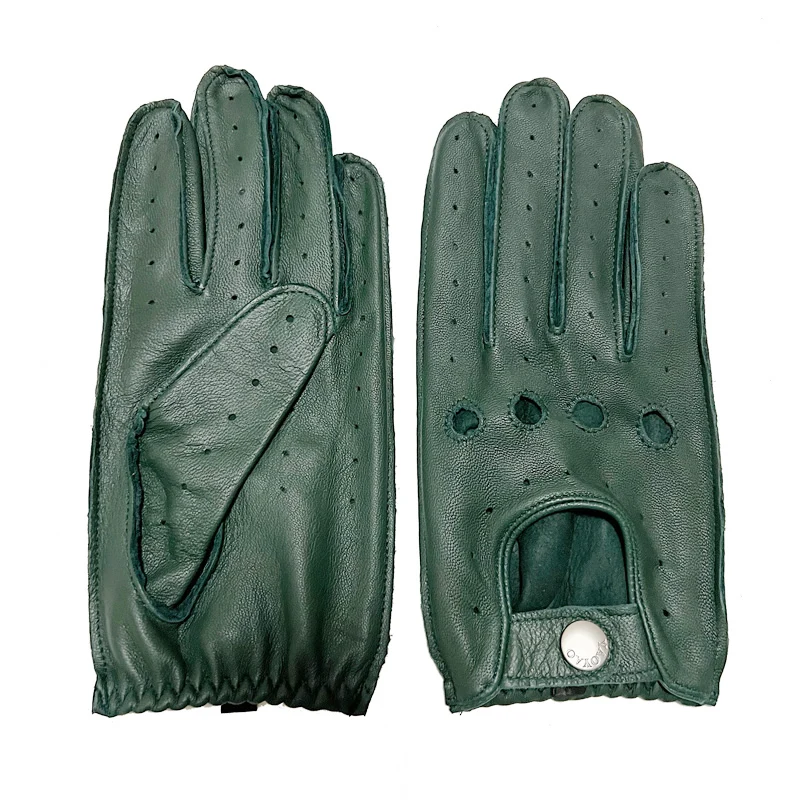 Goatskin Gloves For Men Male Solid Color Classic Simple Genuine Leather Thin Moto Luvas Winter Dark Green Riding Driving Mittens