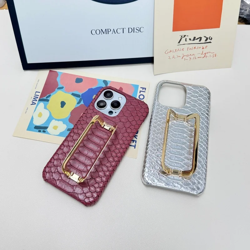 Snake Skin Metal Holder Leather Phone Case For iPhone17 Air 17Pro 16Pro 15Plus 14/13 12 11 Xsmax XR Body Skinny Shell Protection