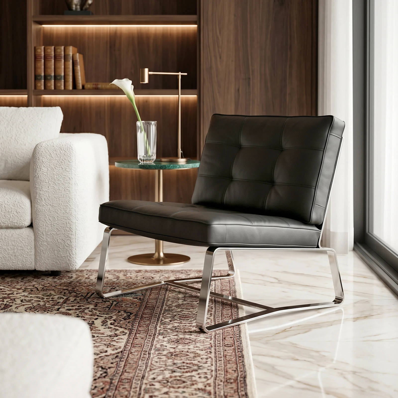 #Modern Minimalist Black Leather Accent Lounge Chair with Shiny Stainless Steel Base for Home Office