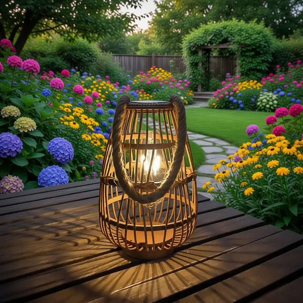 

Outdoor Rattan Natural Lantern with Handle, Hanging, or Table Use, Edison Bulb, Auto on/Off, Style 1