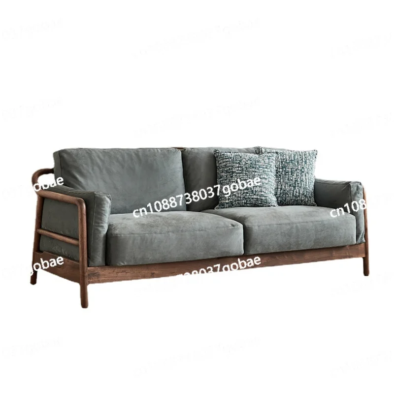 Black Walnut Wooden Sofa Small Apartment Nordic Living Room Small Square Blue Suede Fabric Solid Wood Sofa