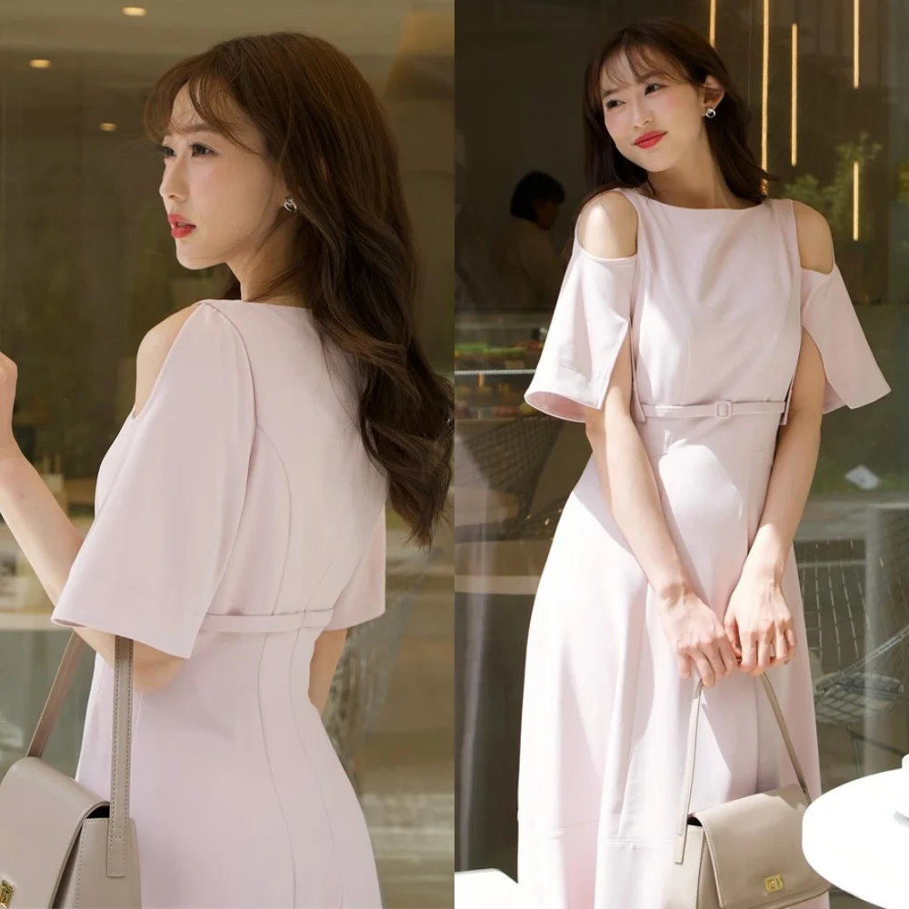 

Customized Simple Pink Jersey Evening Dress Delicate Scoop Half Sleeves Homecoming Dresses Luxury Special Occasion Gowns