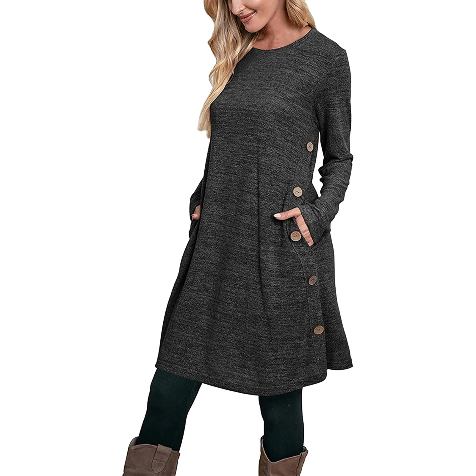 

Round Neck Casual Button Spliced Long Sleeve Dress Women's Clothing Autumn Winter Loose Simplicity Solid Color Fashion Dresses