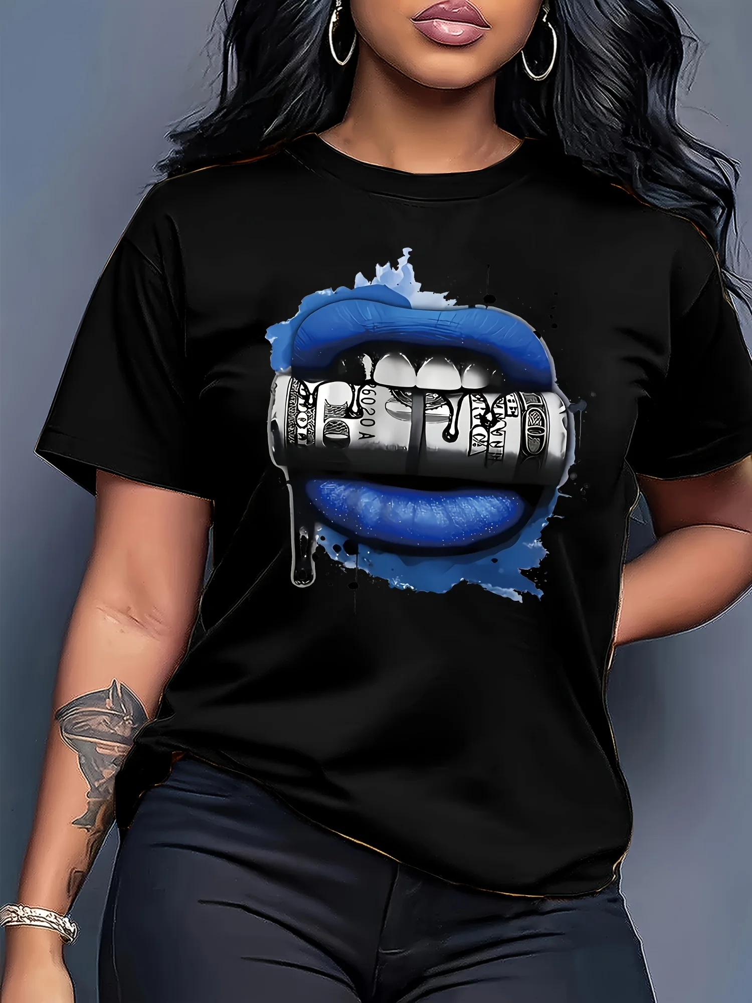 Women's Graphic Crew Neck T-Shirt - Bold Lips Braces Design - Black with Blue Accent Loose Fit Casual Everyday Formal Outfits