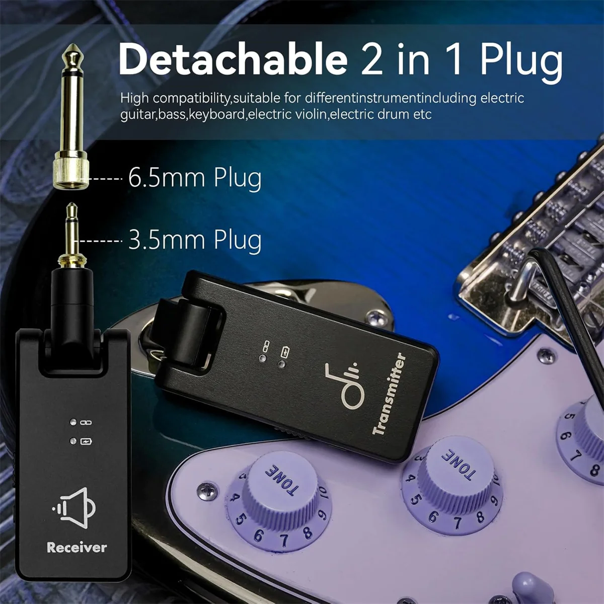 M-VAVE WP-8 2,4 G drahtloses Übertragungssystem Gitarrensystem 2-in-1-Stecker 4 Kanäle Gitarre kabellos mit wiederaufladbarer Box