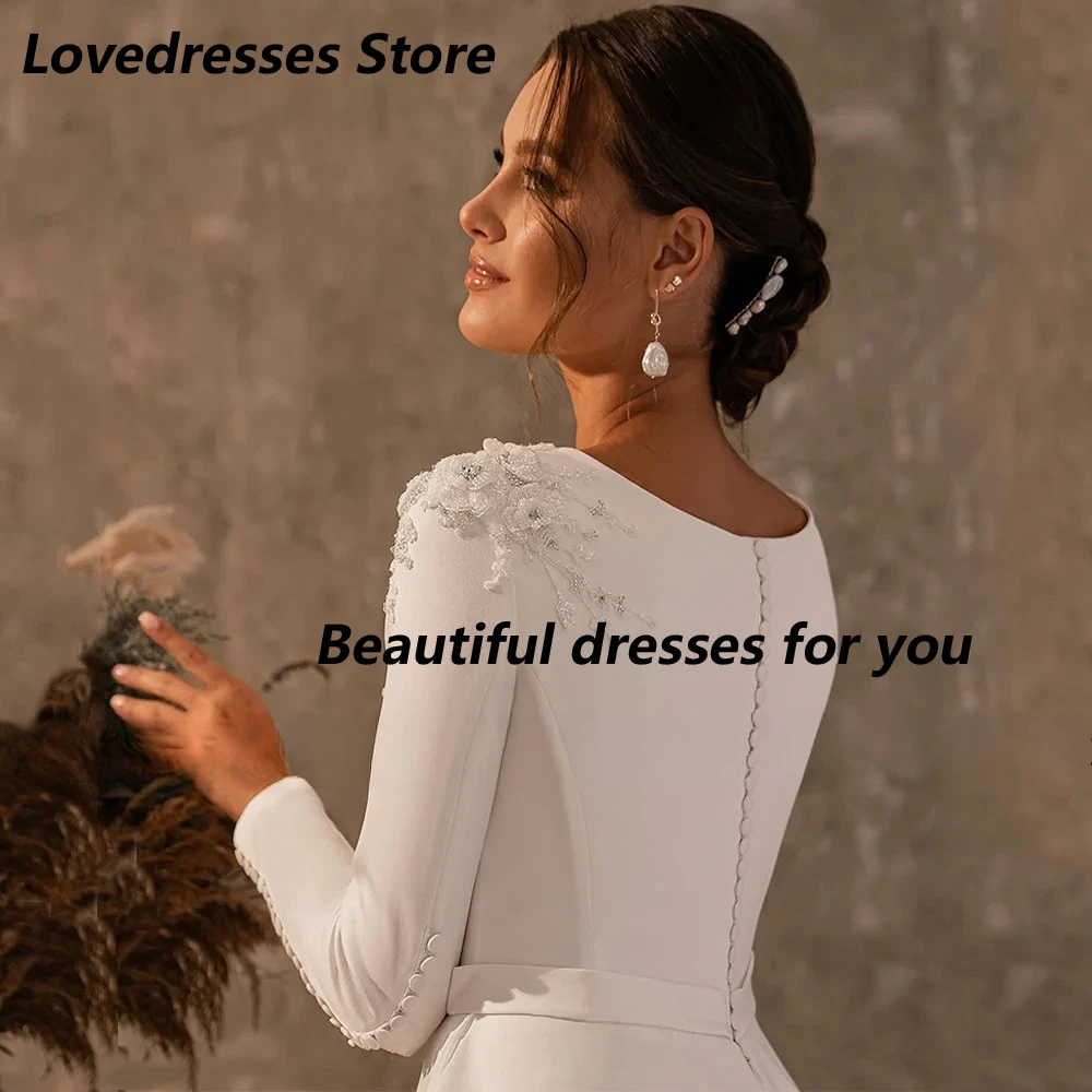 Round Neck Long Sleeves Wedding Dress Customized Elegant Beading Pearls Buttons A Line Sweep Train Vestidos De Novia Bride Gown