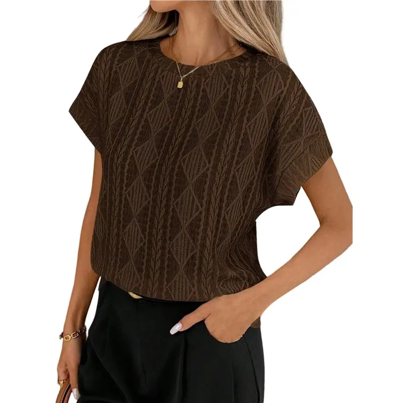 

CYL-Women's Summer Short Sleeve Tops Textured Knit Crew Neck Tees Teacher Shirts