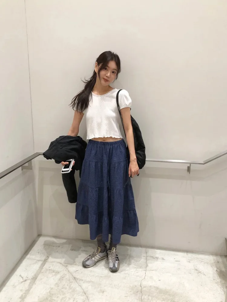 

Korean Sle Summer 2025 Fre Personali Plaid Skirt Long Cake Skirt High Waist Loose Fit A-Line Midi Skirt for Women