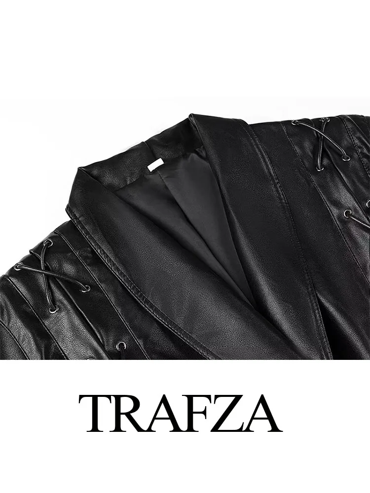 TRAFZA  Women\'s Autumn Winter Vintage Coat Tops Female Turn Down Collar Lace Up Street Fashion Single Button Long Sleeves Jacket