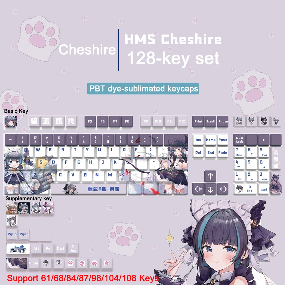 Cheshire Theme Keycaps Set 128 Keys PBT Azur Lane Custom Cute Cherry Profile KeyCap For Gaming Mechanical Keyboard Accessories