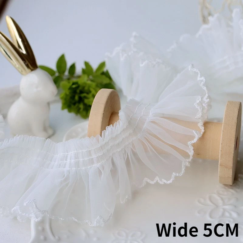 5CM Wide Tulle White Organza Pleated Fabirc Embroidered Fringe Ribbon Lace Ruffle Trim Dress Applique Headveil DIY Sewing Decor