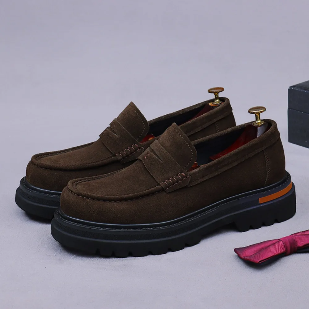 

Mens Monk Strap Suede Loafers Business Casual Shoes Thick Sole Height Increasing Slip On Genuine Leather Oxford Shoes