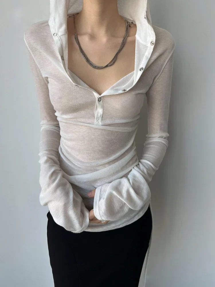 تي شيرت هاي ستريت الواقي من الشمس بلون سادة وأكمام طويلة وشفاف صغير مع غطاء للرأس قميص فتاة ساخنة ألفية نحيف عالي الجودة