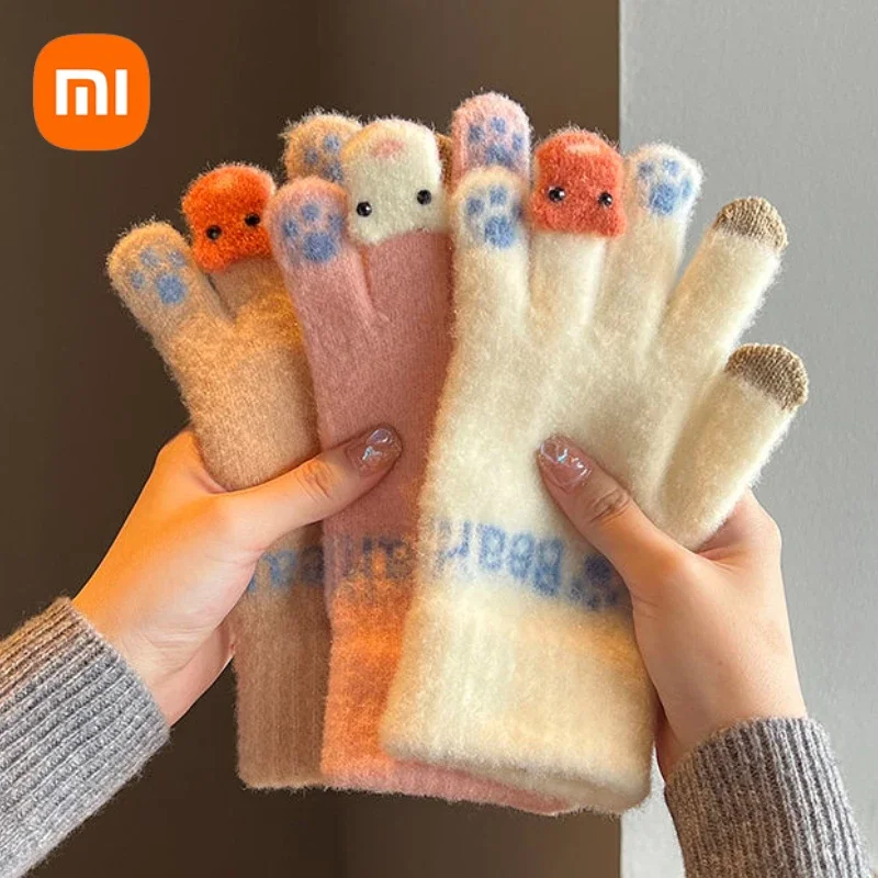 Xiaomi 2025 Cute Woolen Gloves Women Winter Padded and Thickened Warm Knitted Touch Screen Gloves Students Winter Cycling Cold