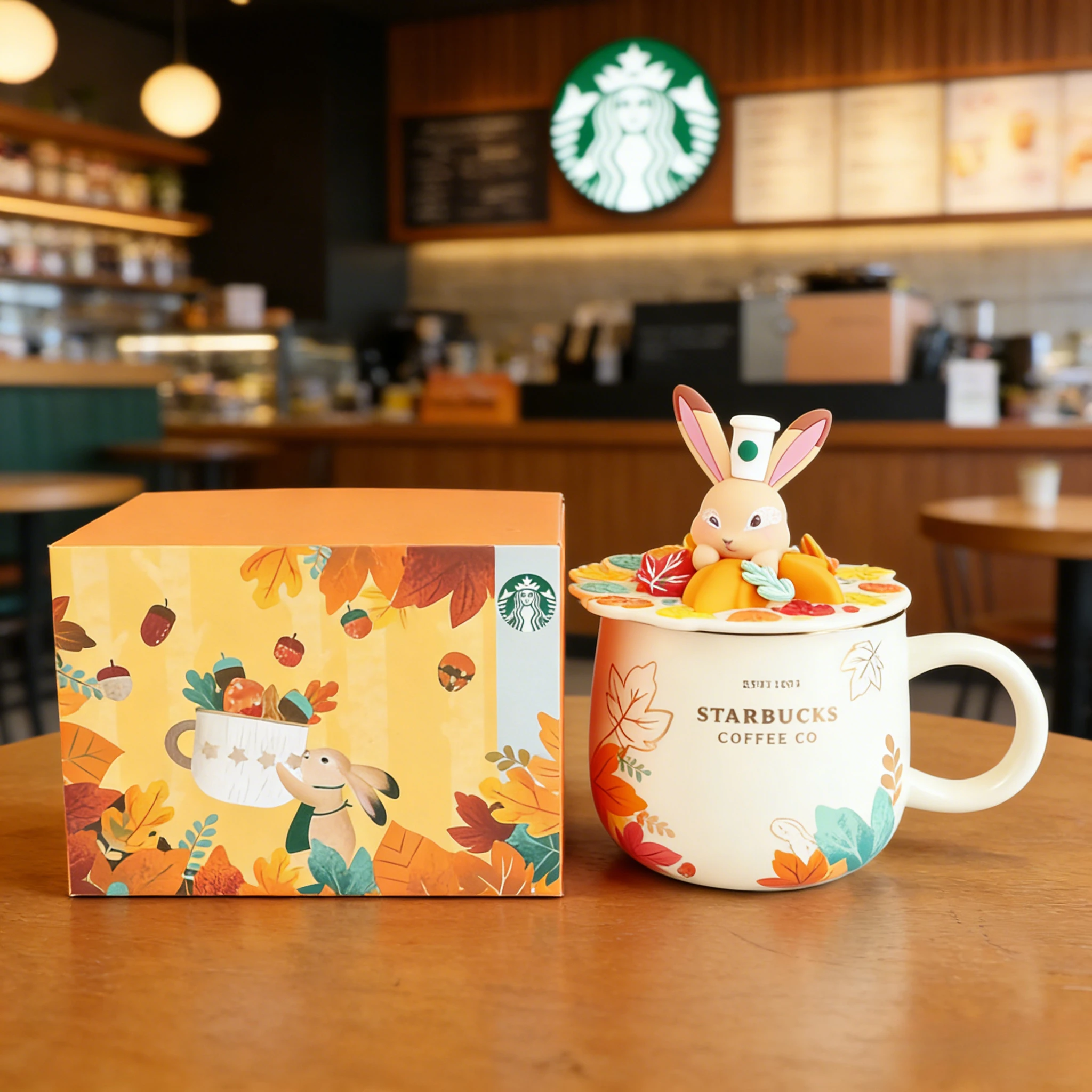 Caneca Starbucks 3D com Tampa de Coelho, Design de Coelho da Floresta de Outono, 355ml, Caneca de Cerâmica com Folha de Bordo, Ótimo Presente para Ela
