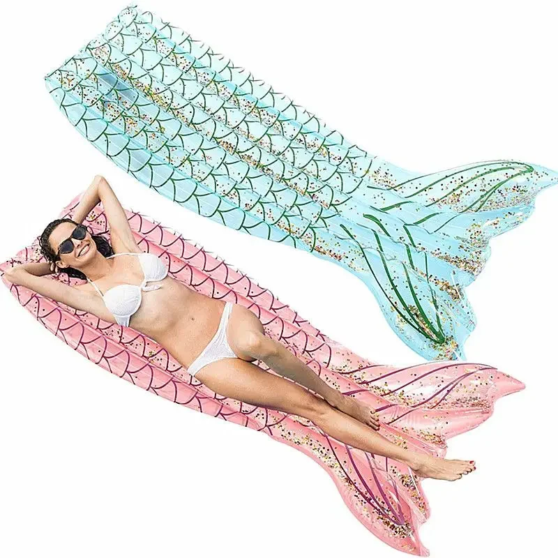 Sequin Mermaid Tail Inflatable Floating Row Adult Water Lounger Sequins Mermaid Tail Pool Raft Pool Float Contour Lounger