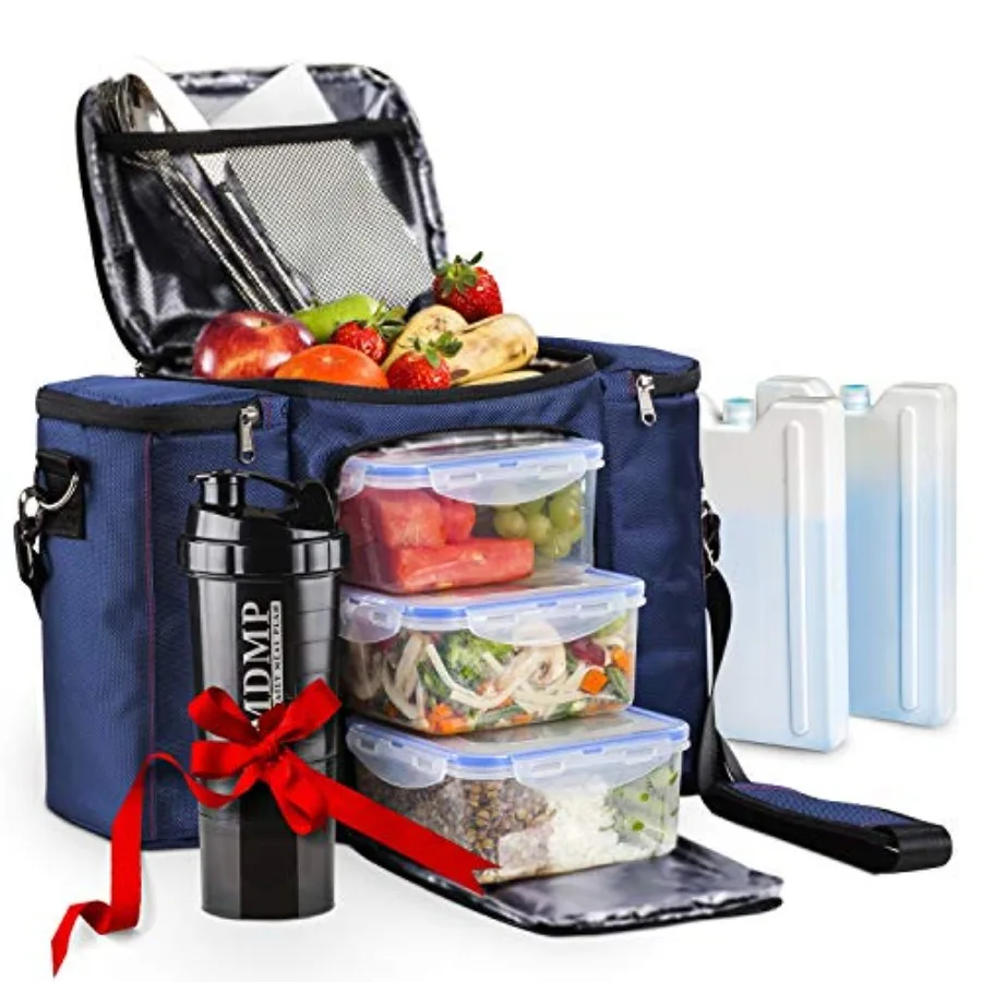 

My Daily Meal Plan Navy Blue 45 Oz. Insulated Lunch Bag/Box For Men Women + 3 Large Food Containers + 2 Big Reusable Ice Packs