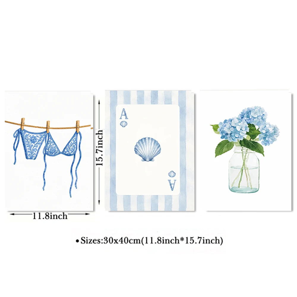 Set of 3 Blue Coastal Still Life Canvas Wall Art Prints Unframed Shell Hydrangea Living Room Bedroom Decor Artwork Prints