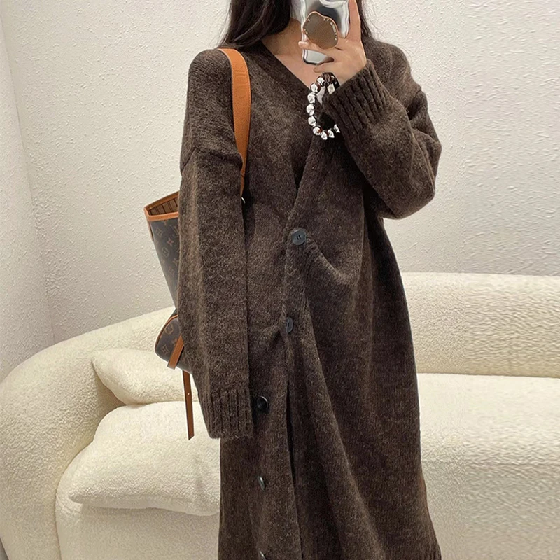 V-neck Long Sleeved Sweater Knit Cardigan Long Coat Casual Solid High Street Autumn Winter Diagonal Buckle Warm Women Clothing