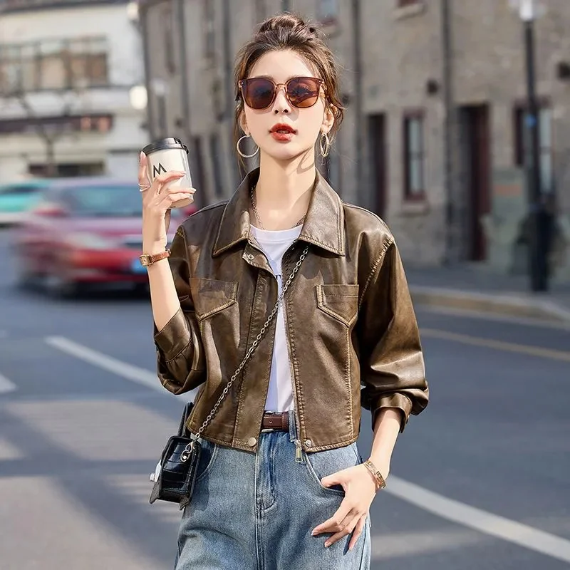 

Women's Autumn Leather Jacket 2025 New Female PU Leather Coat Loose Short Fashionable Motorcycle Leather Jackets Lady Coats ﻿
