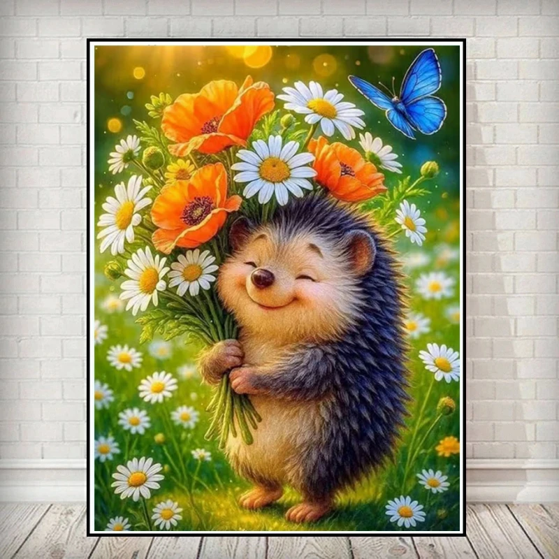 Niedliches Igel-Diamantgemälde, Kunst, Tiermuster für Erwachsene, Anfänger, DIY, mag Diamantmosaik, Gänseblümchen, Mohnblume, handgefertigtes Geschenk