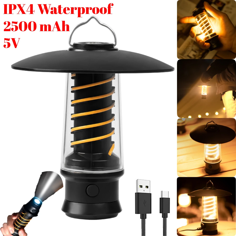 LED Camping Lamp Portable Dimmable Waterproof Tent Lantern Lamp Type-C Charging Emergency Light Outdoor Novelty Camping Supplies