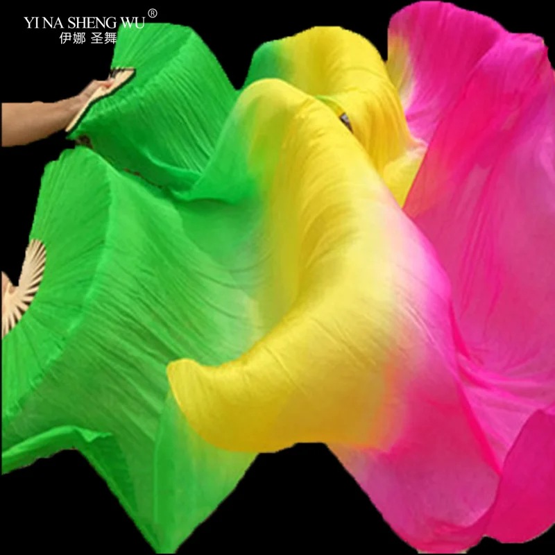 1 Pair High Quality Real Silk Belly Dancing Fan Chinese Handmade Dyed Dancer Practice Long Silk Fans Dance Props Gradient Color