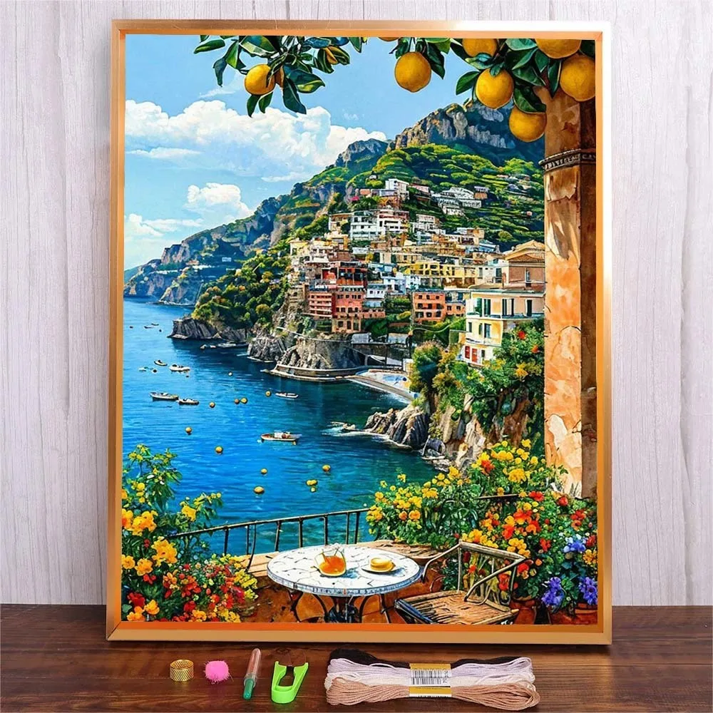

Seaside City Cross Stitch Embroidery Sets Seascape Patterns Needlework Hobby Craft 11Ct Picture Full Printed Canvas For Bedroom