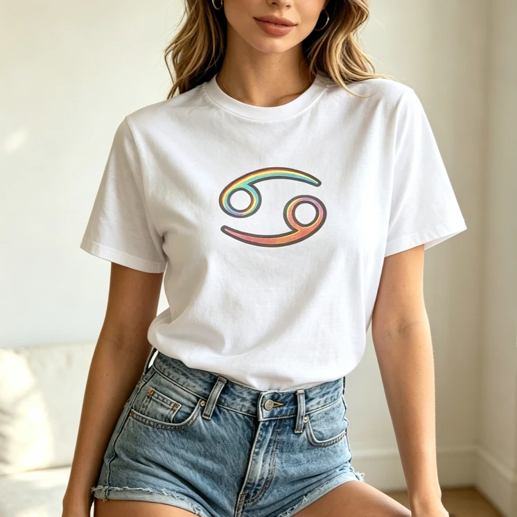 Unisex Cancer Zodiac Birthday Gift T Shirt Vibrant Rainbow Symbol Print Short Sleeve Cotton Tees Casual Astrology Enthusiast Top