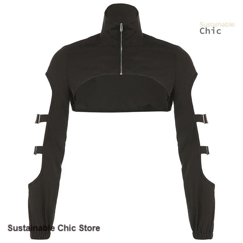 Korean minority design sense metal buckle splicing hollow long-sleeved coat female zipper high-necked ultra-short tooling coat