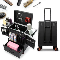 Caja de Herramientas de peluquería Punk, bolsa de equipaje con carrito, cajón de salón de abuela Retro negro, Maleta grande de maquillaje profesional