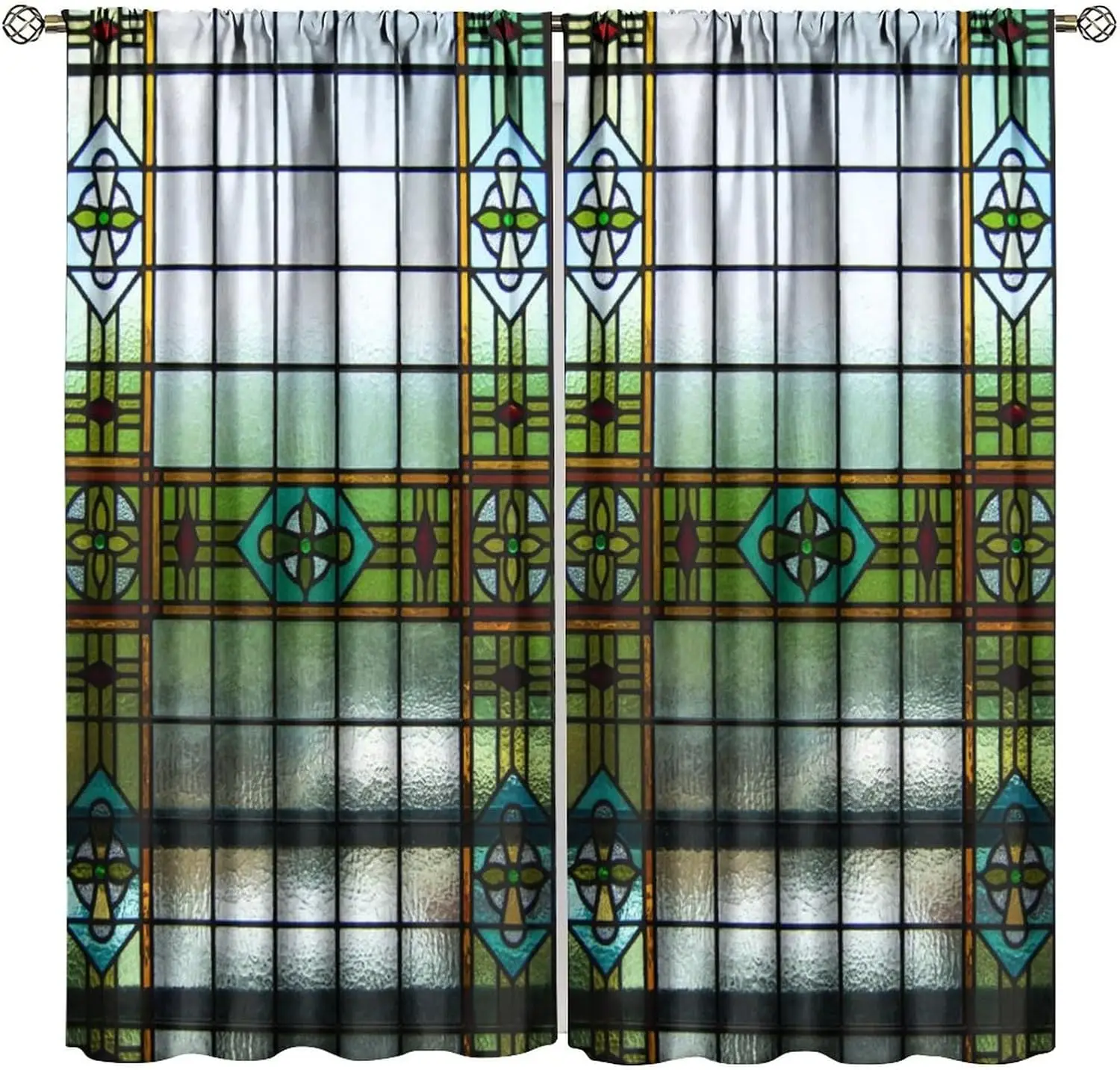 Stained Glass Windows Curtains,Green Glass Mid-Century Vintage Bohemian Abstract Art Window Treatments for Bedroom Living2Panels