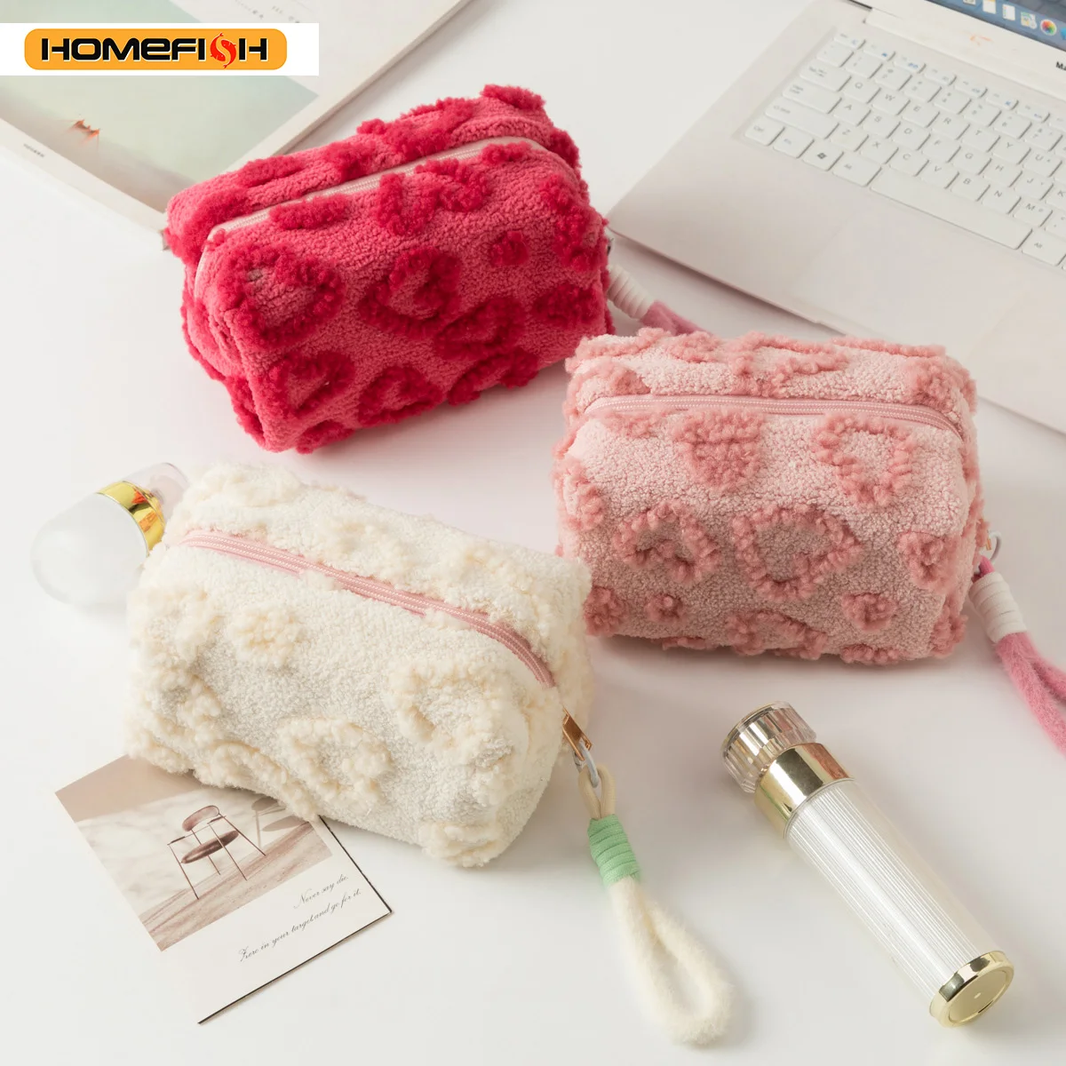 HOMEFISH Makeup Bags with Handle Soft Travel Cosmetic Storage Bag Portable Love Print Organizer Pencil Case Cute Clutch Pouch