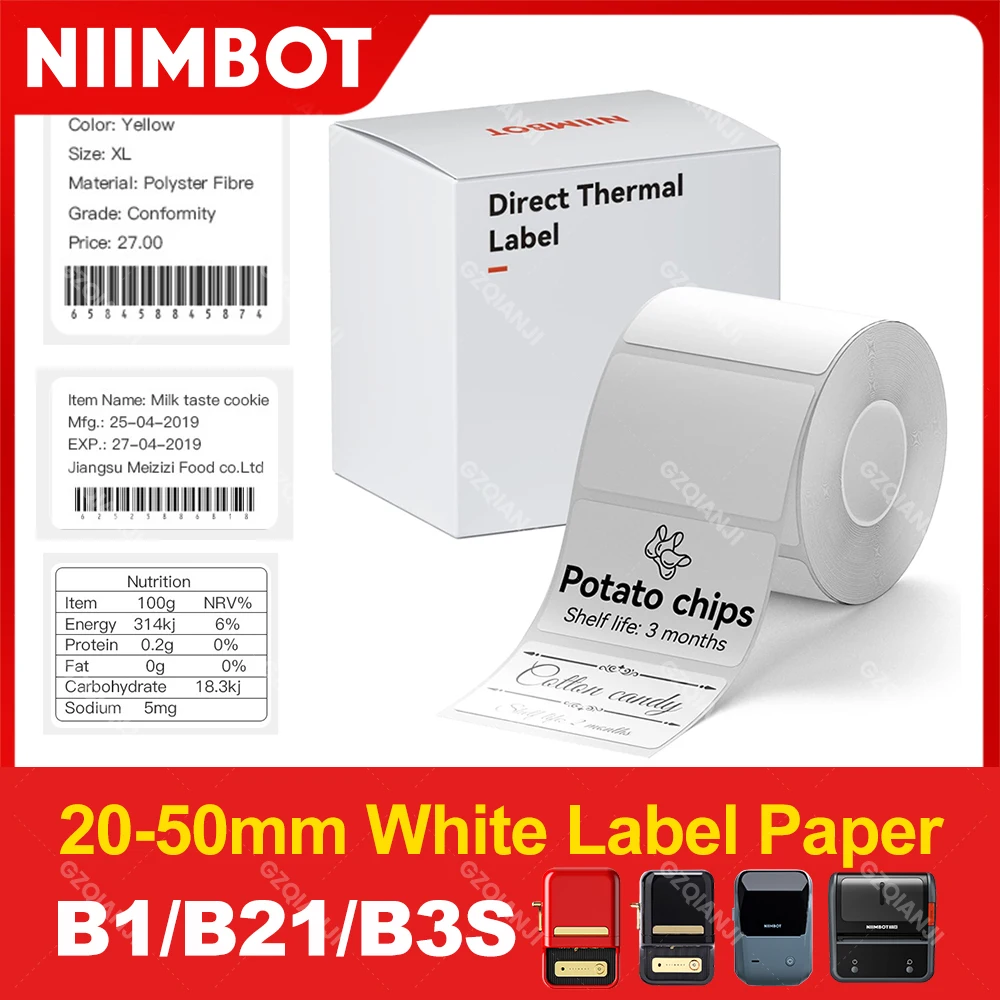 Niimbot Etikettendrucker, weißer Papieraufkleber, B1 B21 B203, Etikettendrucker, Klebeband, 30 x 20 mm, 50 x 80 mm, größere Größe, B3S für Mini-Mobiletikettierer