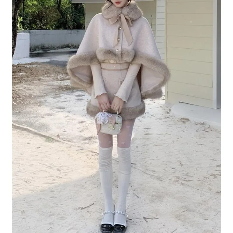 Little Princess French Lady-style Woolen Suit for Women, New Winter Collection Furry Cape and Skirt Two-piece Set