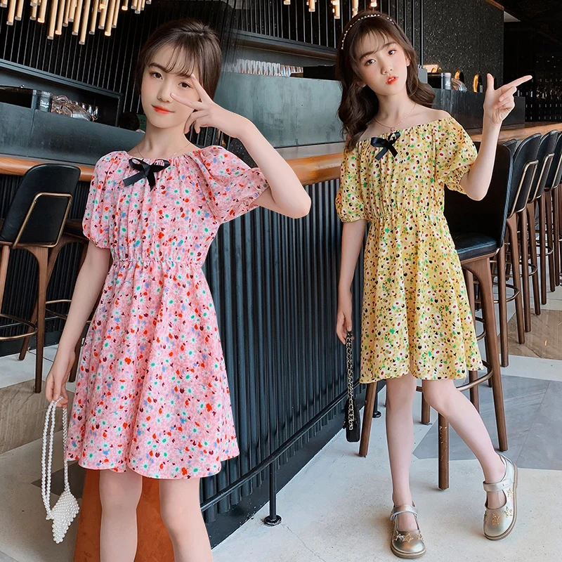 

Summer word neck girl's dress 2022 factory new cheap printing children's long skirt breathable spring and autumn baby's dress