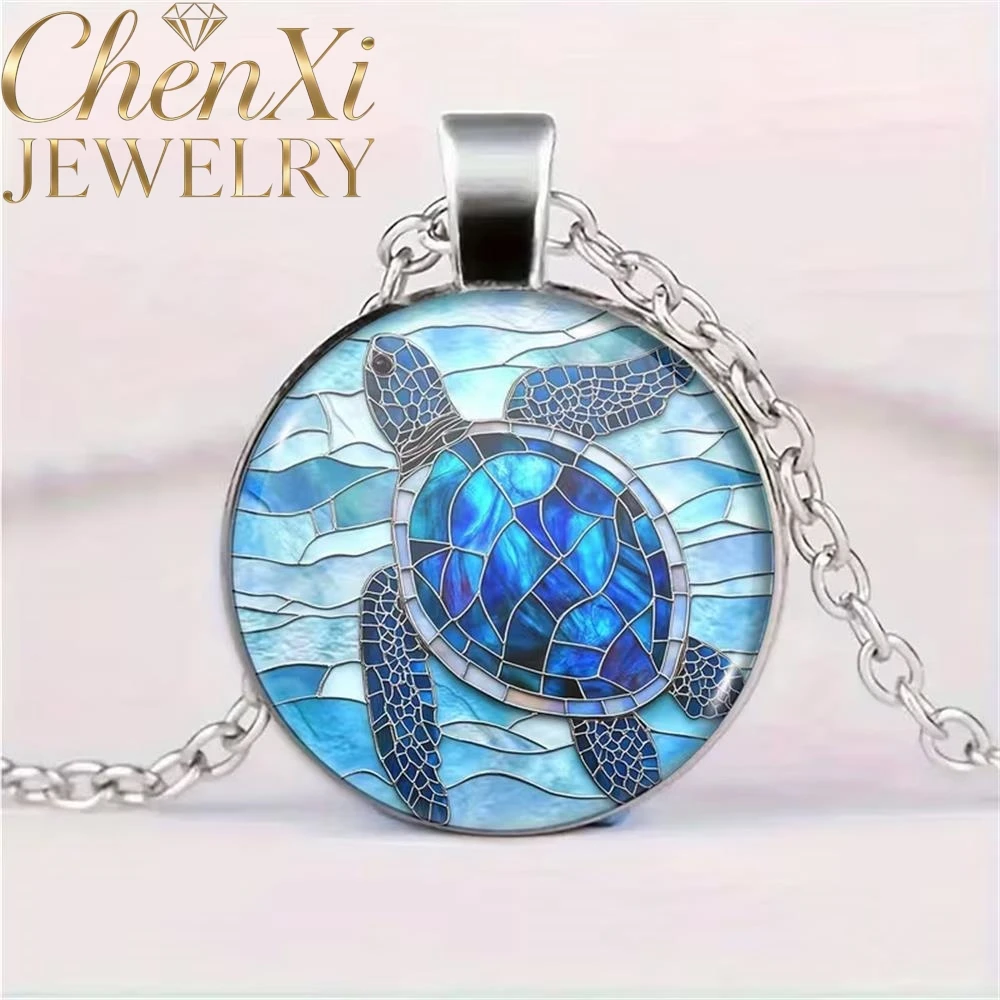 High-End Retro Blue-Green Sea Turtle Round Glass Pendant Luxury Quality Fashion Fine Jewelry Exquisite Elegant Charms Popular