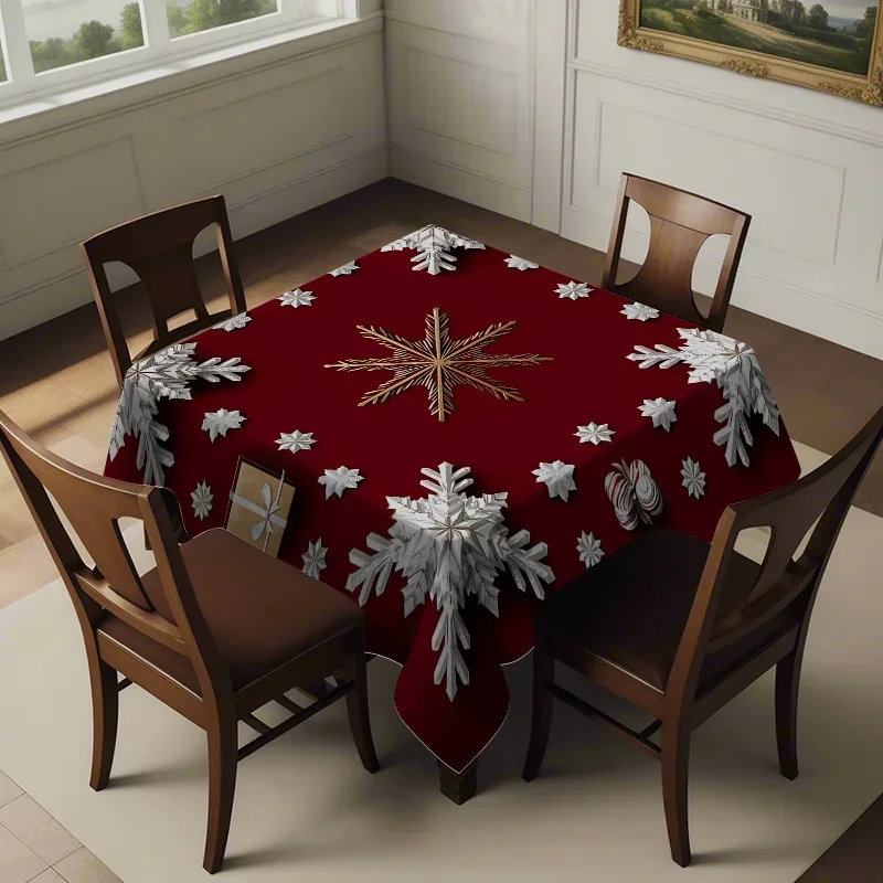 JIT 1pc, 2D flat, golden snowflake, bell, gift print pattern tablecloth, is an ideal choice for a Christmas dinner party.xzj