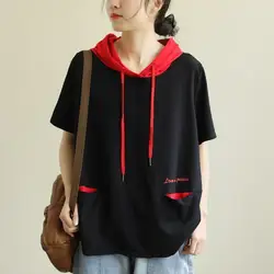 Women's Summer New Hooded Collar Pullover Fashion Artistic Style Contrast Pocket Panel T-shirt Loose Versatile Short Sleeve Tops