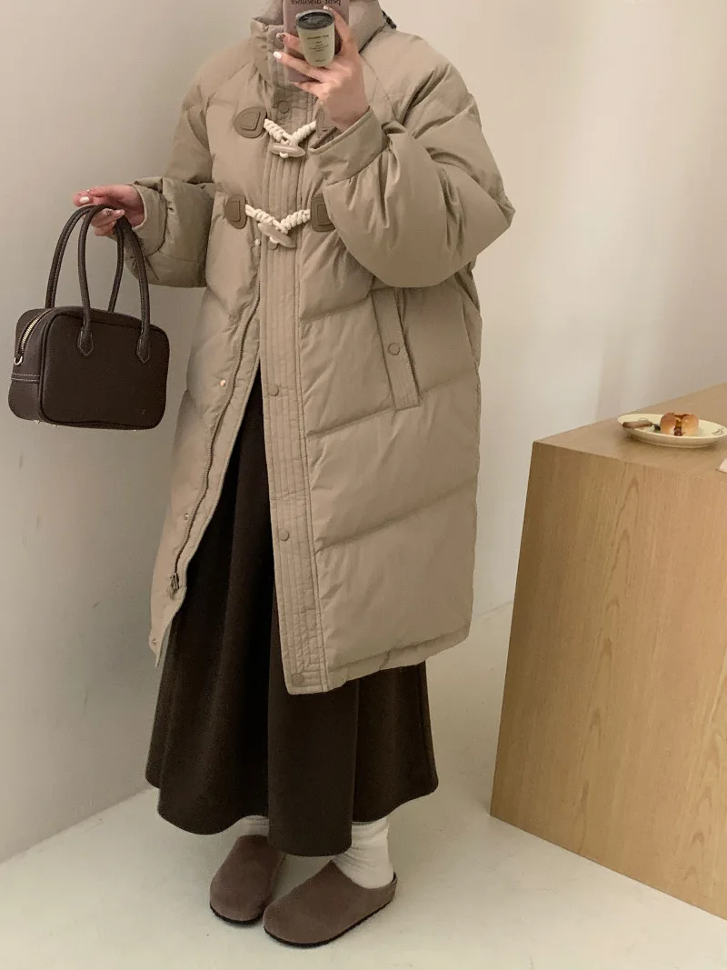 

Парки женские зимние красивые с роговой пряжкой шикарные с воротником-стойкой для отдыха средней длины модные повседневные теплые простые крутые студенческие женские парки