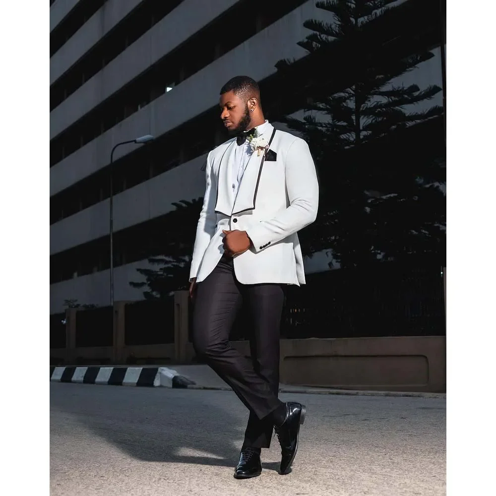 New Design One Button Wedding Suits for Men Shawl Lapel 3 Piece White Blazer Black Vest Pants Set Elegant Groom Outfits Slim Fit