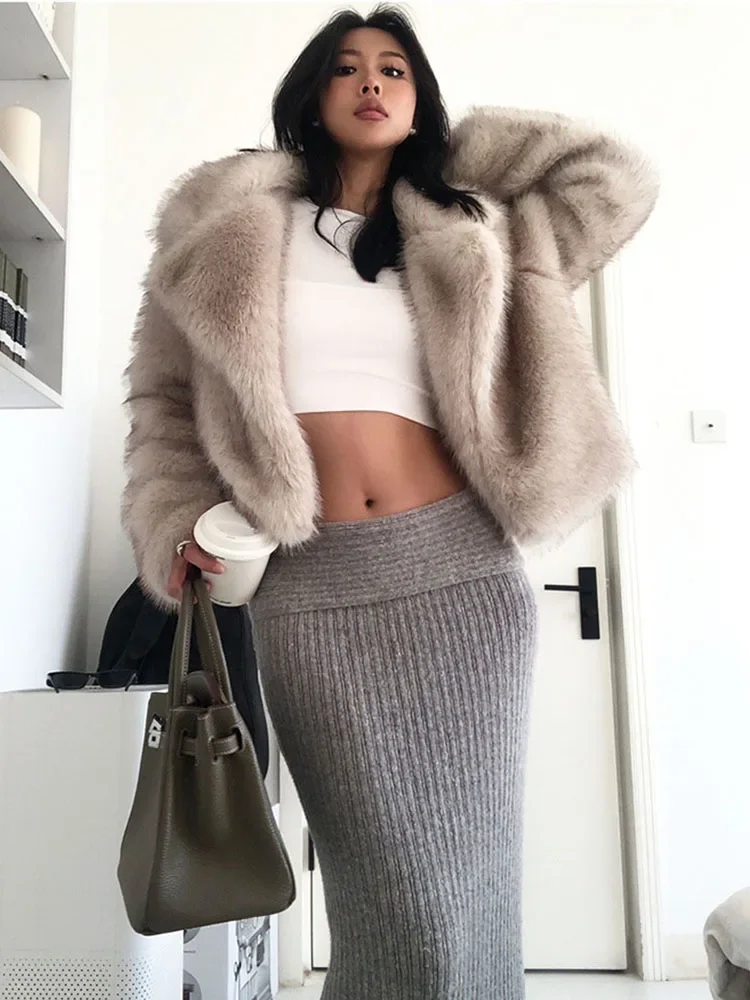 Faux Fur Coat Women Cropped Luxury Gradient Faux Fur Coat Women Jacket Fashion Lapel Cropped Fluffy Jacket Winter Women Overcoat